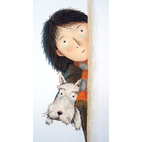 Boy and dog peeking